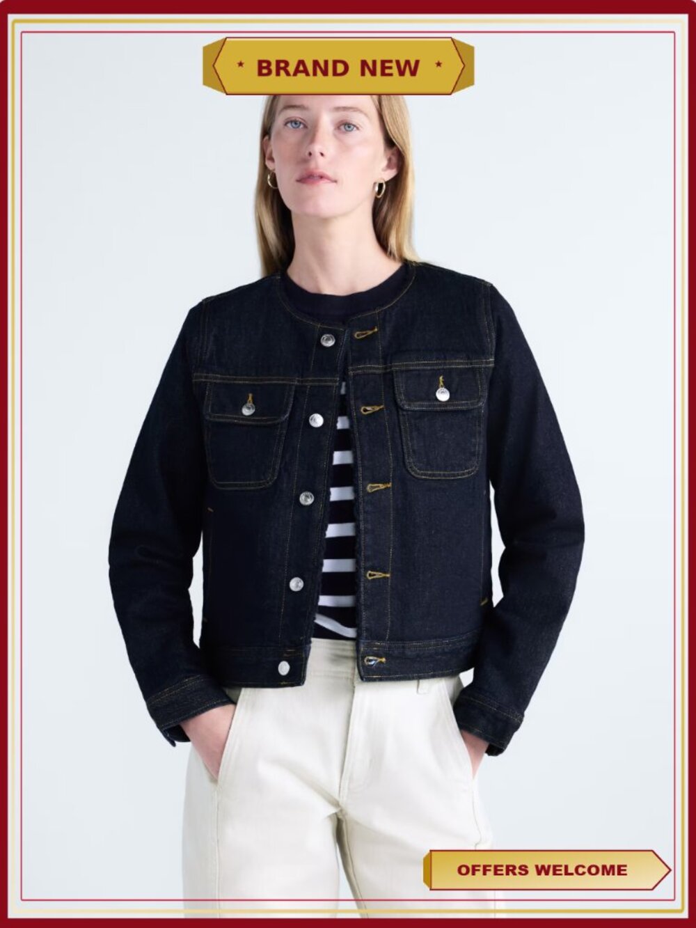 Faux Shearling Denim Jacket Collarless Lined Cozy Layer Womens